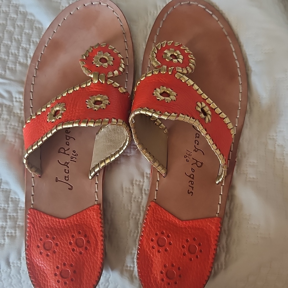 Jack Rogers Orange and Gold Leather Slide Sandals - Picture 2 of 3